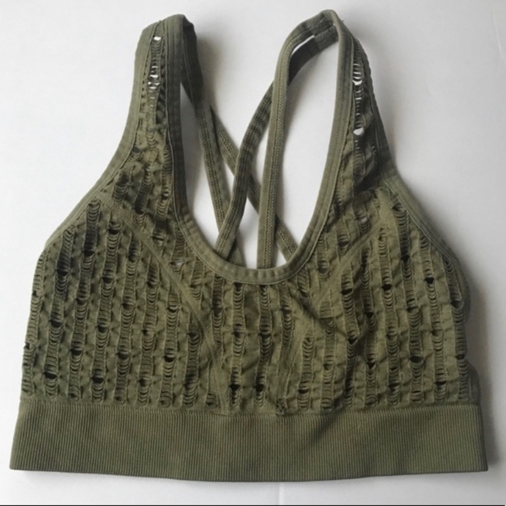 5 for $20! Olive green crochet textured t-strap cross back sport bra
